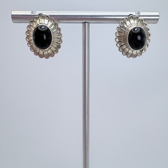 VTG Sterling Silver 925 Black Onyx Bezel Set Dangle Earrings Size 0.75" Length - Picture 1 of 9